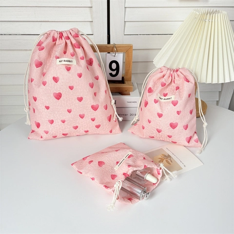 Drawstring Storage Bag Pink Heart Pattern Polyester Portable Pouch For Travel Cosmetics Stationery Organizer