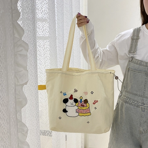 Borsa Tote In Tela E Nylon Con Ricamo Cartoon E Chiusura A Coulisse Per Donne Studentesse Spalla Casual Giornaliera