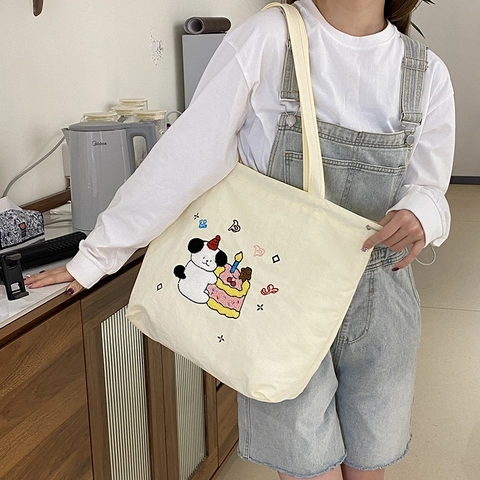 Borsa Tote In Tela E Nylon Con Ricamo Cartoon E Chiusura A Coulisse Per Donne Studentesse Spalla Casual Giornaliera