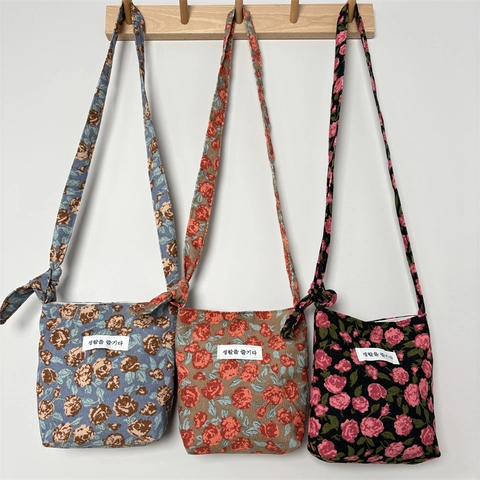 Sac Bandoulière Velours Côtelé Imprimé Roses Sangle Réglable Style Coréen Vintage Petit Sac Téléphone Femmes