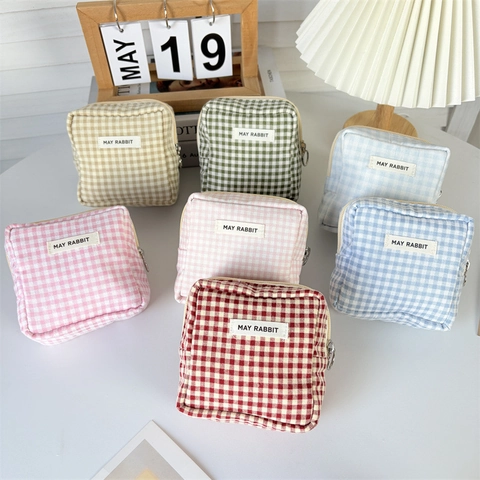 Gingham Plaid Kleine Vierkante Make-Up Tas Katoenen Stof Rits Sluiting Draagbare Maandverband Opbergtas Voor Reizen Dagelijkse Mini Organizer