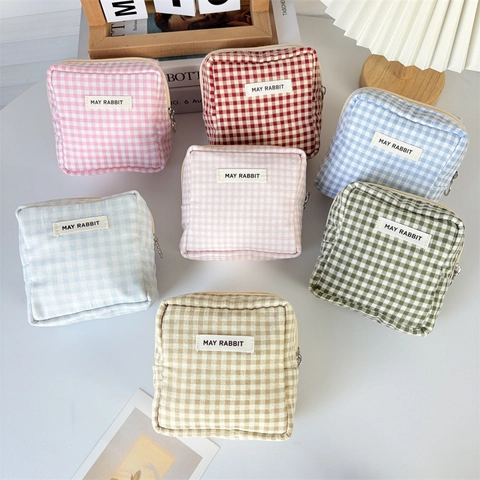 Gingham Plaid Kleine Vierkante Make-Up Tas Katoenen Stof Rits Sluiting Draagbare Maandverband Opbergtas Voor Reizen Dagelijkse Mini Organizer