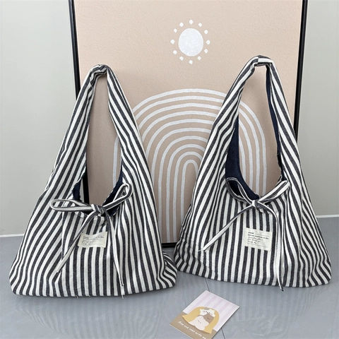 Reversible Striped Canvas Tote Bag Large Capacity Vintage Underarm Handbag With Bowknot Tie For Women