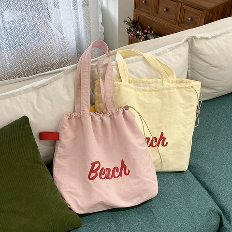 Borsa Tote Donna Tela Nylon Coulisse Grande Capacità Beach Stampa Lettere Borsa A Spalla Casual Borsa A Mano Minimalista Viaggio