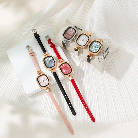 Fashion Women Quartz Watch Elegant Oval Rhinestone Inlaid Case Marble Pattern Dial Slim Faux Leather Strap Ladies Wristwatch