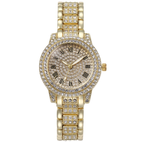 Women Luxury Iced Out Rhinestone Quartz Watch Alloy Metal Band Roman Numerals Round Dial Fashion Accessory
