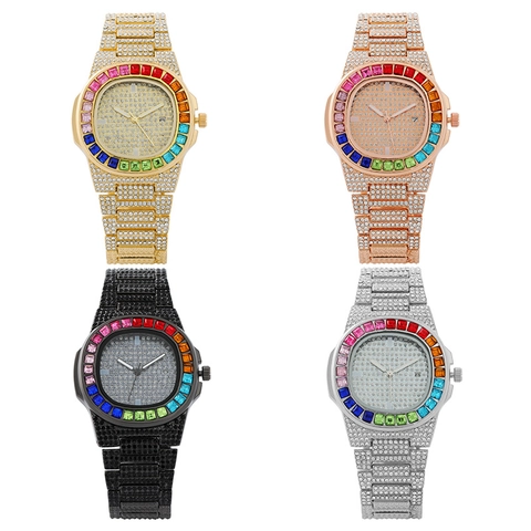 Luxury Women Full Rhinestone Quartz Watch Rainbow Bezel Octagonal Case Stainless Steel Strap Calendar Fashion Dress Wristwatch