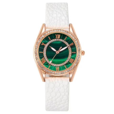 Fashion Women Quartz Watch Malachite Green Dial Rhinestone Bezel Roman Numerals Faux Leather Strap