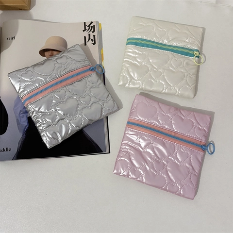 Quilted Heart Pattern PU Leather Coin Purse Small Storage Bag Zipper Pouch With Circular Ring Pull For Women Girls