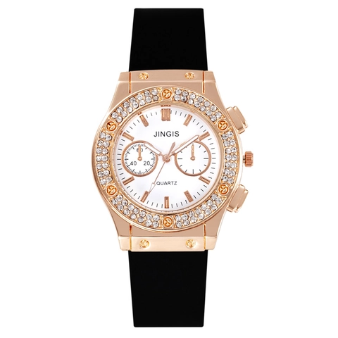 Men Fashion Quartz Watch Rhinestone Alloy Case Round Dial Silicone Strap Rose Gold Elegant Casual Wristwatch Timepiece