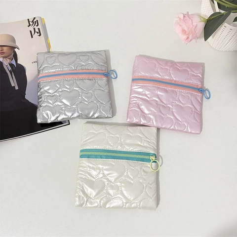 Quilted Heart Pattern PU Leather Coin Purse Small Storage Bag Zipper Pouch With Circular Ring Pull For Women Girls