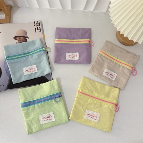 Mini Monedero De Nylon Color Macaron En Contraste Pequeña Bolsa De Almacenamiento Estuche Con Cremallera Portátil