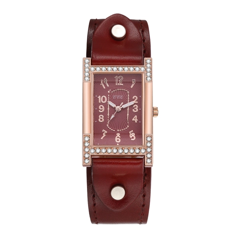 Retro Women Quartz Watch Rectangular Alloy Case Rhinestone Bezel Leather Strap Rivet Fashion Ladies Analog Wristwatch
