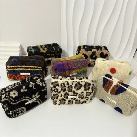 Trousse Trucco In Peluche Sherpa Fleece Organizzatore Cosmetici Portatile Cerniera Stampa Leopardata Scacchiera Borsa Morbida