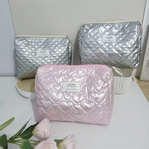 Neceser De Cuero PU Acolchado Para Mujer Brillo Metálico Patrón De Corazón Rombo Organizador De Viaje Bolsa Con Cremallera