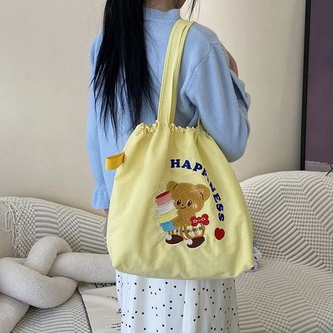 Cartoon Bear Embroidery Tote Bag Canvas Nylon Large Capacity Drawstring Shoulder Bag Casual Commute Students Women
