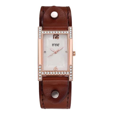 Reloj Cuarzo Para Mujer Caja Rectangular Oro Rosa Incrustación De Diamantes De Imitación Correa Cuero Remaches Retro
