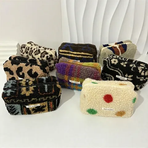 Trousse Trucco In Peluche Sherpa Fleece Organizzatore Cosmetici Portatile Cerniera Stampa Leopardata Scacchiera Borsa Morbida