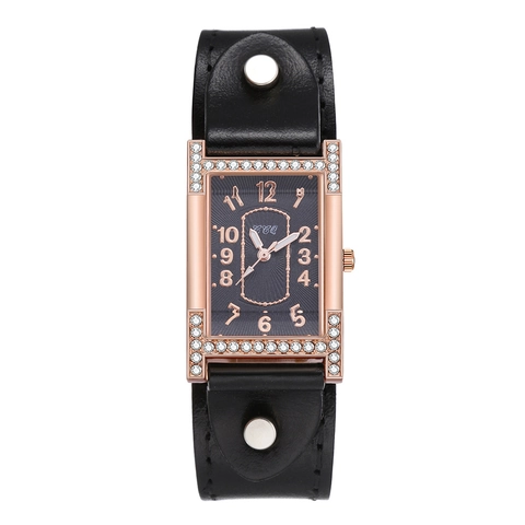 Retro Women Quartz Watch Rectangular Alloy Case Rhinestone Bezel Leather Strap Rivet Fashion Ladies Analog Wristwatch