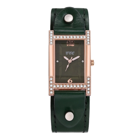 Reloj Cuarzo Para Mujer Caja Rectangular Oro Rosa Incrustación De Diamantes De Imitación Correa Cuero Remaches Retro