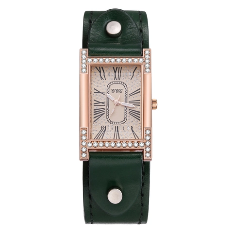 Reloj Cuarzo Para Mujer Caja Rectangular Con Diamantes Imitación Números Romanos Correa Cuero Remaches Retro Elegante
