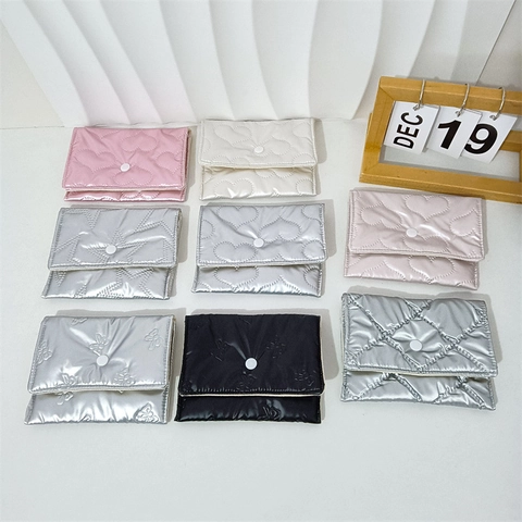 Mini Puffy Quilted Coin Purse Shiny PU Metallic Small Wallet Heart Star Pattern Snap Button Portable Storage Pouch Bag