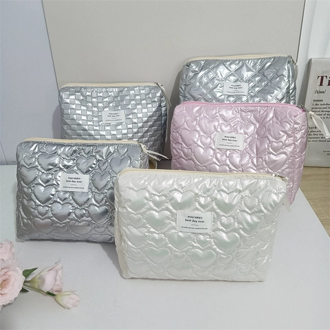 Neceser De Cuero PU Acolchado Para Mujer Brillo Metálico Patrón De Corazón Rombo Organizador De Viaje Bolsa Con Cremallera