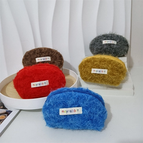Mini Plush Coin Purse Shell Shaped Cute Makeup Storage Bag Small Lipstick Pouch Zipper Closure Soft Portable Organizer