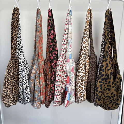 Borsa Tote Vintage Velluto A Coste Tela Grande Capacità Stampa Leopardata Floreale Borsa A Spalla Per Donne Versatile