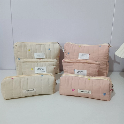 Quilted Heart Embroidery Cosmetic Bag Polyester Zipper Portable Travel Makeup Pouch For Women Students Sweet Style