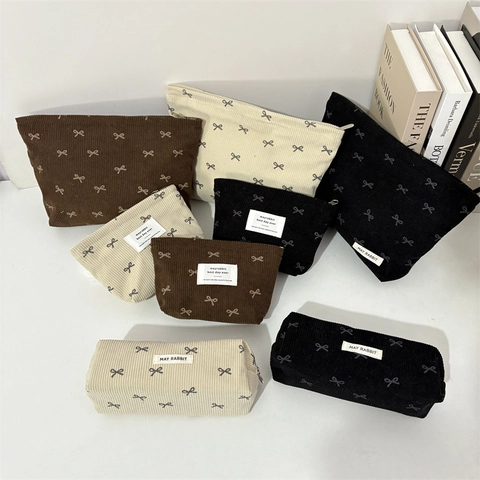 Borsa Trucco In Velluto A Coste Pochette Da Toilette Astuccio Per Matite Motivo A Fiocco Grande Capacità Organizer Portatile Per Donne Ragazze