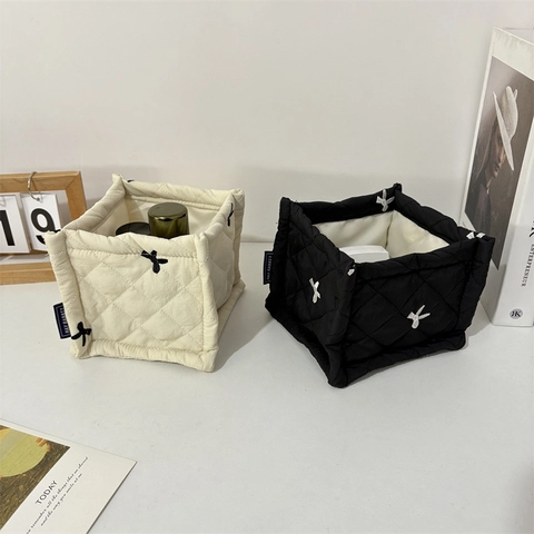 Quilted Fabric Storage Basket Diamond Pattern Embroidered Bow Desktop Organizer Box For Cosmetics Stationery Home