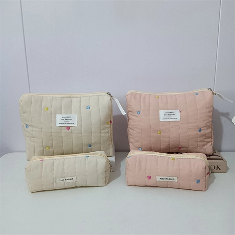 Quilted Heart Embroidery Cosmetic Bag Polyester Zipper Portable Travel Makeup Pouch For Women Students Sweet Style