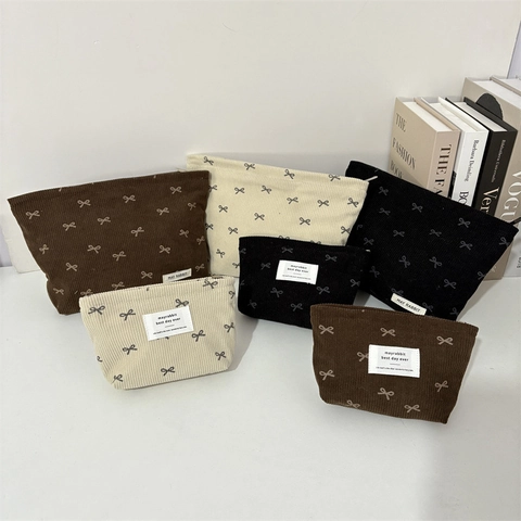 Borsa Trucco In Velluto A Coste Pochette Da Toilette Astuccio Per Matite Motivo A Fiocco Grande Capacità Organizer Portatile Per Donne Ragazze