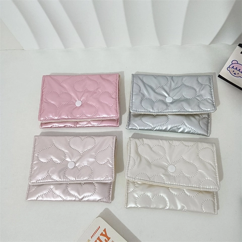 Mini Puffy Quilted Coin Purse Shiny PU Metallic Small Wallet Heart Star Pattern Snap Button Portable Storage Pouch Bag