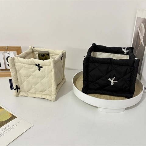 Quilted Fabric Storage Basket Diamond Pattern Embroidered Bow Desktop Organizer Box For Cosmetics Stationery Home