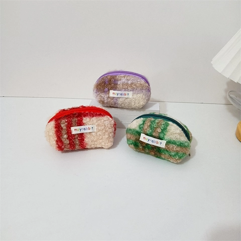 Mini Coin Purse Plush Teddy Velvet Shell Shaped Zipper Closure Striped Pattern Soft Cute For Women Fashion Accessory