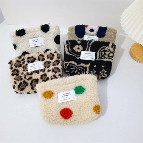 Borsa Per Cosmetici In Peluche Sherpa Pochette Portaoggetti Con Cerniera Organizer Da Viaggio Trucco Leopardo Pois Floreale