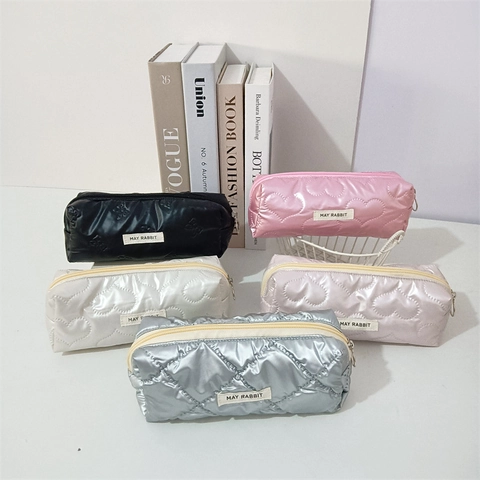 Quilted Puffy Pencil Case Heart Star Pattern Metallic PU Makeup Bag Stationery Organizer Zipper Pouch For Women Students