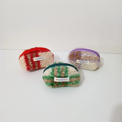 Mini Coin Purse Plush Teddy Velvet Shell Shaped Zipper Closure Striped Pattern Soft Cute For Women Fashion Accessory