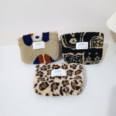 Borsa Per Cosmetici In Peluche Sherpa Pochette Portaoggetti Con Cerniera Organizer Da Viaggio Trucco Leopardo Pois Floreale