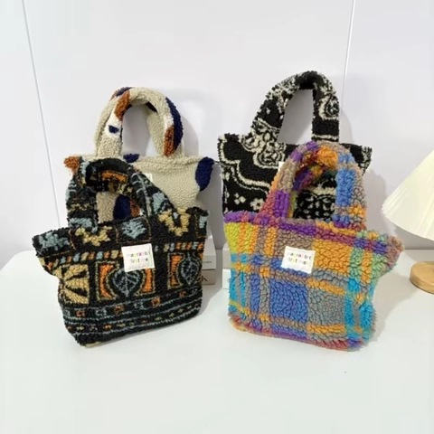 Borsa A Mano In Peluche Borsa Tote In Pile Chiusura Con Cerniera Morbida Stampata Casual Da Donna