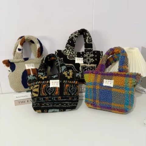 Borsa A Mano In Peluche Borsa Tote In Pile Chiusura Con Cerniera Morbida Stampata Casual Da Donna