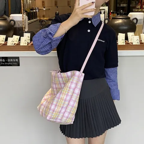 Sac Fourre-Tout Femme Grande Capacité Nylon Imprimé Lettres Doublure Carreaux Sac Bandoulière Urbain