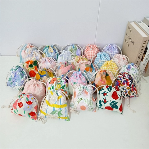 Bolsa Con Cordón Floral De Algodón Organizador De Maquillaje Portátil Estilo Japonés Pequeño Bolso Joyería Para Mujeres