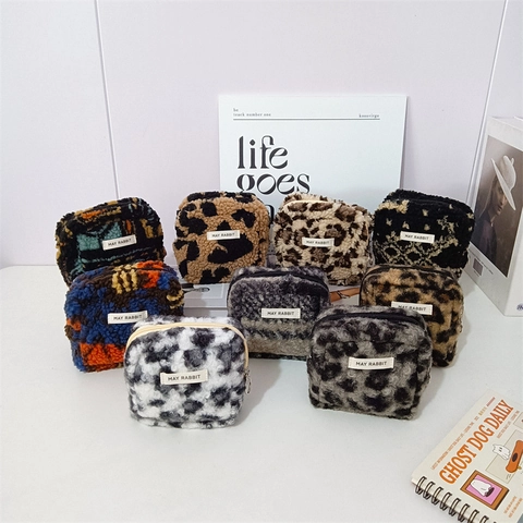 Piccola Borsa Quadrata In Peluche Sherpa Morbida Stampa Leopardata Mini Beauty Case Portamonete Organizer Da Viaggio
