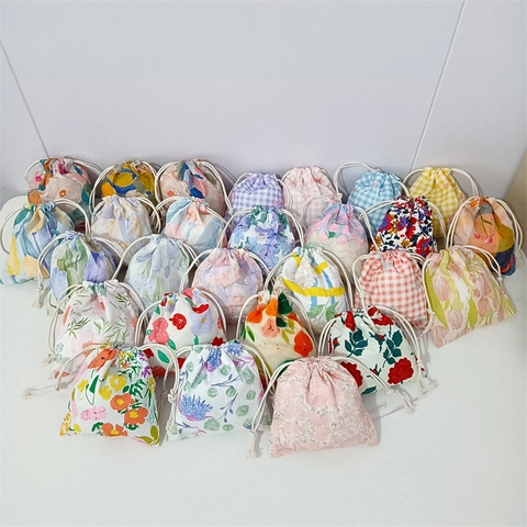 Bolsa Con Cordón Floral De Algodón Organizador De Maquillaje Portátil Estilo Japonés Pequeño Bolso Joyería Para Mujeres