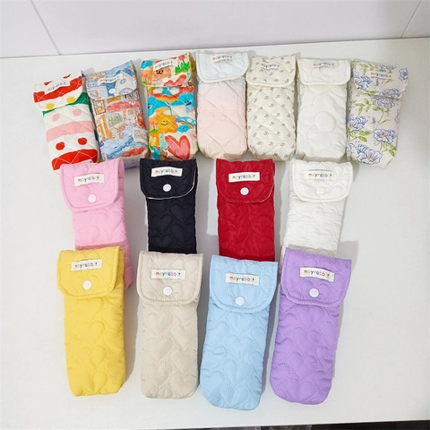 Gewatteerde Brillenkoker Hartpatroon Penningzakje Drukknoop Zacht Polyester Flora Cartoon Student Opbergtas Organizer