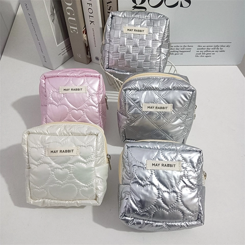 Mini Cosmetic Makeup Bag Quilted PU Leather Heart Grid Pattern Zipper Small Pouch Travel Toiletry Storage Organizer