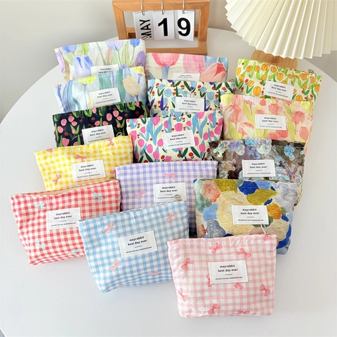 Borsa Per Cosmetici In Tela Floreale Grande Capacità Pochette Per Trucco In Cotone Stampato Organizzatore Da Viaggio Stile Coreano